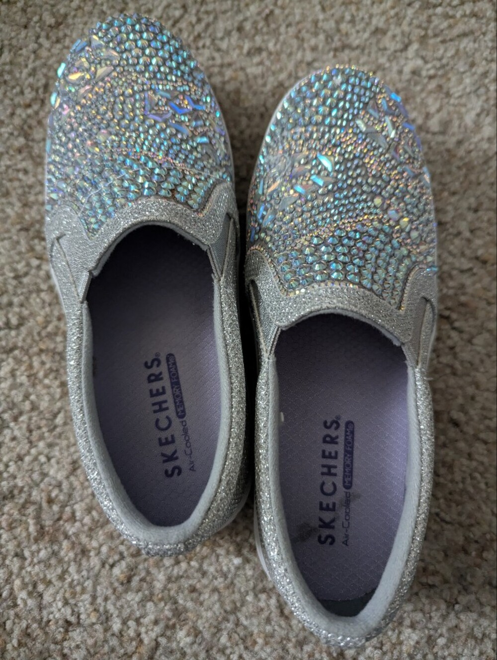 Skechers Silver Glitter Slip-Ons with Iridescent Gem Accents